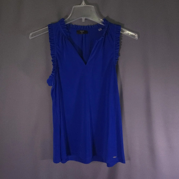 Tahari Sleeveless Blouse V Neck Ruffle Stretchy Size Medium - Picture 1 of 9